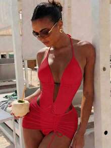 SHEIN Swim Swim Vcay 2026 女士优雅酒红色网纱挂脖深V连体泳衣，搭配透视褶皱迷你罩裙，塑形收腹泳装套装，适合夏季海滩度假穿着，休闲优雅的深V领镂空连体泳衣，饰有金属环细节，适合泳池派对假日装扮 | 酒红色性感网纱连体泳衣，女士度假必备 - 紅色 - 查看 5