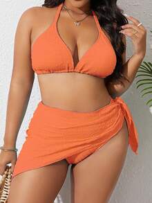 Swim Basics Plus Size Women's Halter 3-Cup Separate Bikini Swimwear 3-Piece Set - Red - View 3