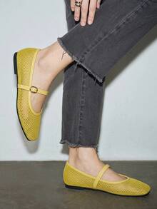 Bailarinas de malla para mujer, cómodas y transpirables con punta cuadrada, zapatos planos con suela suave y de moda - Amarillo - Ver 4
