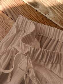 Rusticease 大码女式休闲度假白色蕾丝拼接无袖上衣和裤子两件套，春夏款 - 卡其色 - 查看 6