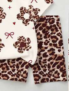 2件套，适合4-7岁女童，豹纹花卉蝴蝶结印花撞色圆领短袖上衣+豹纹短裤，时尚休闲套装，适合日常穿着、上学、生日派对、儿童节、春夏秋季。 - 彩色 - 查看 5