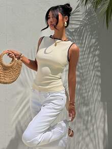 Aloruh Áo sơ mi nữ không tay cổ tròn, hở lưng, thắt nơ, thích hợp mặc đi làm và mặc thường ngày. - Màu be - Xem 7