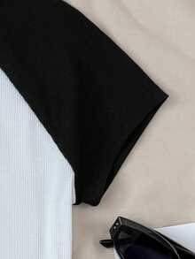 SHEIN Kaos Kasual Nyaman Motif Bintang Kontras Warna Patchwork untuk Remaja Perempuan - Hitam dan Putih - View 4