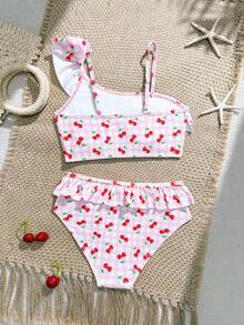 SHEIN Tween Girls Bikini Sets, Blue & White Striped Cute Ruffled Asymmetric Shoulder Adjustable Strap Ruffled Hem Triangle Swimsuit Two Pieces Swimwear Set - Multicolor - View 2