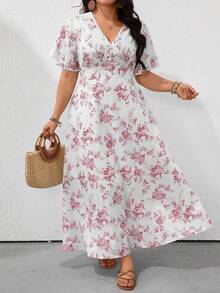 SHEIN Clasi Đầm cỡ lớn dáng rộng cổ chữ V tay cánh dơi in họa tiết gốm sứ xanh trắng, thích hợp mặc đi nghỉ mát. - Hồng - Xem 4