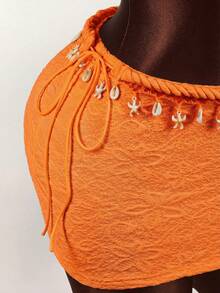 Amplova Rope, Starfish & Shell Pendant Decor Crop Top & Mini Skirt 2 Pieces Set,Vacation Outfits Women - Orange - View 10