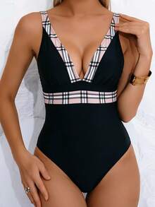 Swim Chiccia 女士V领撞色连体泳衣，休闲舒适，适合度假游泳 - 彩色 - 查看 3