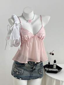 Elamini 夏季性感甜美亮片V领透视修身短款吊带背心 - 粉色 - 查看 4