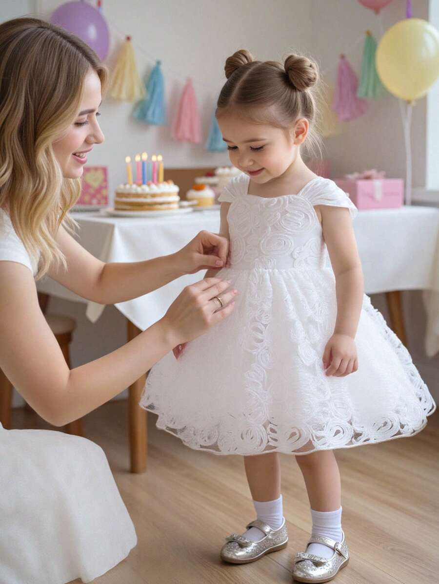 SHEIN Glamorique Kids Baby Girl White Summer Elegant Flower Girl Princess Dress,Large Bow Spaghetti Strap Mesh Dress For Birthday Party,Wedding,Graduation,Baby Shower - White - View 1