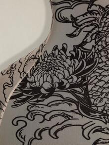 SHEIN ICON 女士无袖龙纹紧身连体衣 - 杏色 - 查看 7