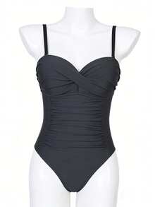 Swim Lushoire Traje de baño de una pieza elegante con fruncido en la cintura y cruzado delantero en unicolor para mujeres de talla grande, apto para piscina y resort de playa, ideal para vacaciones de verano - Negro - Ver 7