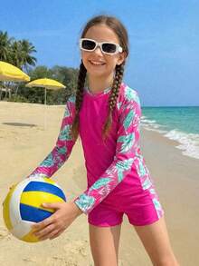 SHEIN Tween Girl Raglan Sleeve Tropical Plant Print Top And Shorts Swimsuit Set - Hot Pink - View 4