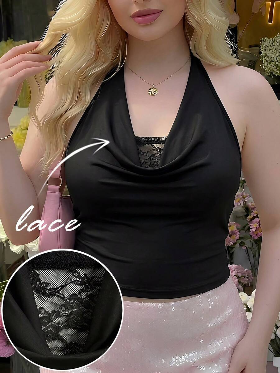 SHEIN MOD 大尺碼優雅黑色夏季夜店上衣，蕾絲拼接垂墜荷葉領掛脖上衣，露背荷葉邊，婚禮季節