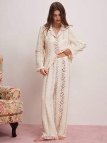 Elorette 2pcs/Set Piyama Motif Gelembung dengan Kerah Berkerut dan Bukaan Depan, Musim Liburan, Keindahan Bunga yang Melimpah, Pakaian Musim Gugur dan Musim Dingin dengan Detail Nyaman dan Elegan - MultiWarna - View 4