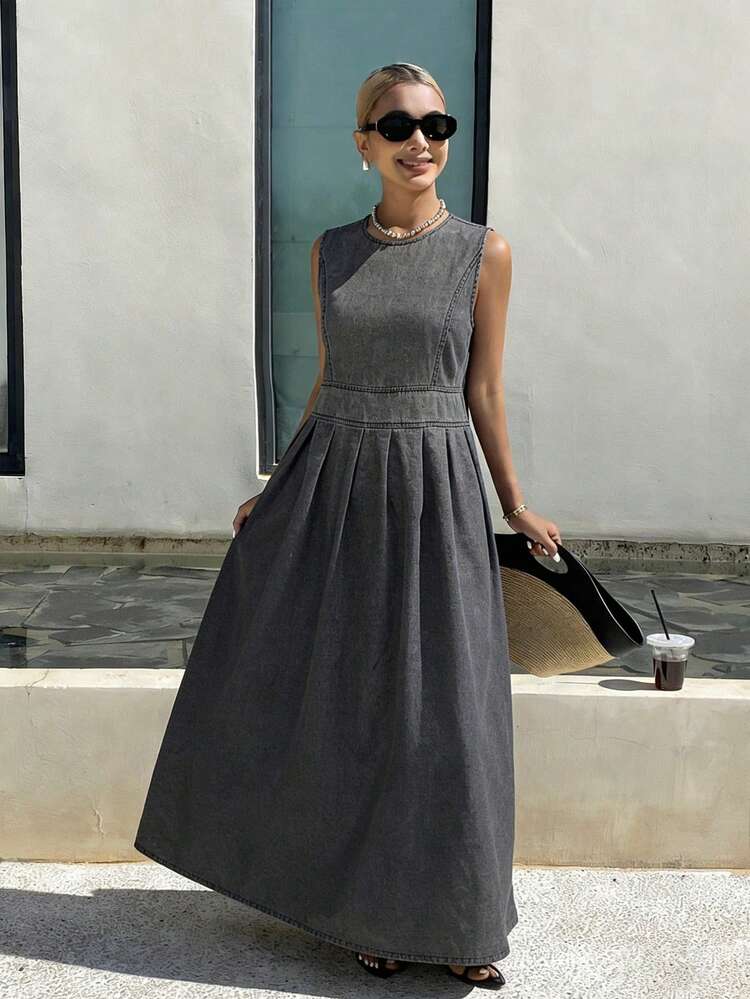 Black Sleeveless Loose Flared Midi Denim Dress For Women, Spring & Summer