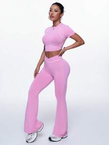 Dewbera Bộ đồ thể thao tập luyện 2 món cổ tròn tay ngắn viền màu tương phản và quần dài ống rộng cho nữ - Hồng - Xem 8