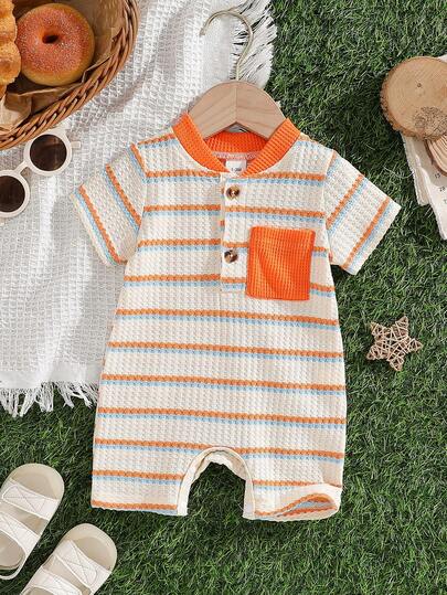 Pelele de verano retro casual a rayas para bebés recién nacidos, color blanco naranja azul, cuello medio abierto, corte holgado, adecuado para salidas diarias, reuniones familiares, juegos al aire libre, sesiones de fotos