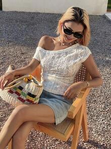 DAZY Áo thun trắng cổ lệch dáng, chất liệu vải dệt họa tiết, kiểu dáng thường ngày, dành cho nữ, thích hợp cho mùa xuân và hè. - trắng - Xem 6