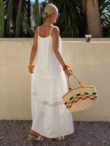 Livesso White Cotton Spaghetti Strap Lace Patchwork Solid Color Midi Dress For Summer Vacation Boho European Modest Sun Dresses For Women Beach Vacation - White - View 6