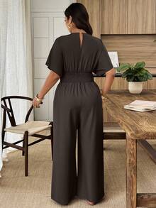 Weeklong Plus Size Women's Spring/Summer Jumpsuit With Pleated Waist, Loose Top And Tight Bottom, Casual Commuter Wear - Brown - View 2