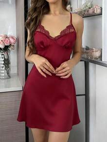 SilkySpell Solid Color Lace Trim Satin Camisole Nightgown - Red - View 2