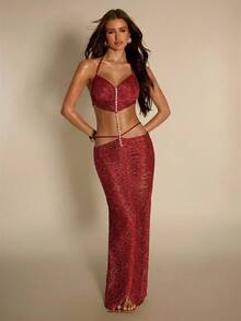 SHEIN BAE 女士时尚性感露背吊带连衣裙 - 紅色 - 查看 1