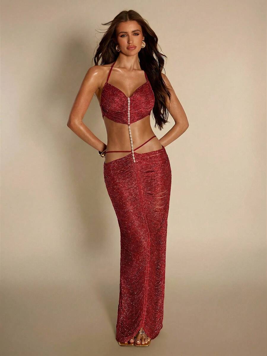 SHEIN BAE 女士时尚性感露背吊带连衣裙 - 紅色 - 查看 1