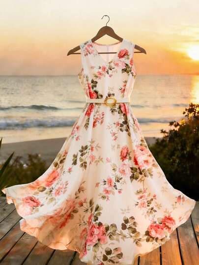 GlowEve Women's Summer Sleeveless V-Neck Cinched Waist White & Pink Floral Print A-Line Midi Dress, Floral Print Random Cut