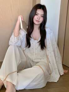 Dazy Plus 3件套蝴蝶结印花撞色滚边吊带背心和宽松睡裤套装，大码女式春夏睡衣 - 白色 - 查看 8