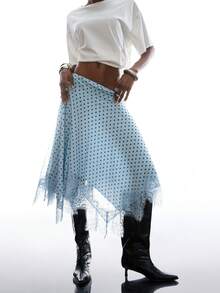 LYSMO Chân váy nữ họa tiết chấm bi phối ren, vạt lệch vai, chất liệu bất đối xứng. - Màu xanh lam - Xem 1