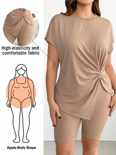 Shapeblank Conjunto de dos piezas de top de manga corta y shorts de motocicleta en color albaricoque y caqui, de estilo básico, cómodo, de alta elasticidad y estilizador para mujeres de talla grande, ropa de verano, atuendo de aeropuerto, ropa de calle, estilo sencillo