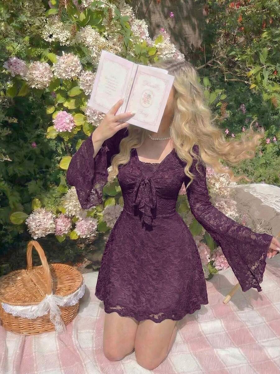 SHEIN MOD 女士优雅纯色系带喇叭袖迷你连衣裙 - 紫色 - 查看 1