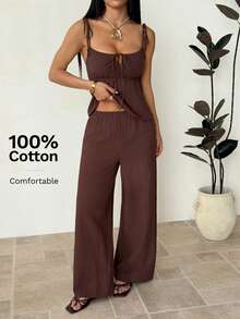 SHEIN PETITE Women's Summer Casual Boho Vacation Style Solid Color Knotted Shoulder Babydoll Top And Wide Leg Pants Set,Petite Women Brunch Vacation Dark Brown - Brown - View 8