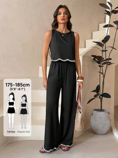 SHEIN Tall Women's Fashion Vacation Casual Contrasting Color Lace Trim Camisole Top & Pants 2 Pieces Set,All-Season, Black Set Women, Sleeveless Top And Pants 2 Pieces Set, Fall Women Clothes,Business Casual Woman,Wide Leg Pants Woman 2 Pieces Set,Lace Wave Edge Shirt Summer Casual Black