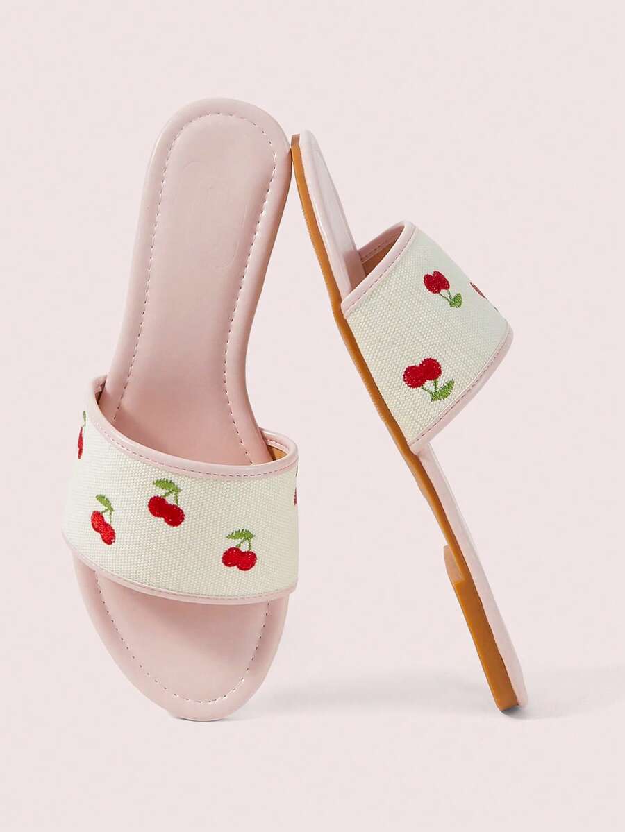 CUCCOO DOLLMOD Sandalias de confort rosas para damas, sandalias de verano con bordado de cerezas en estilo dulce - Rosa - Ver 1