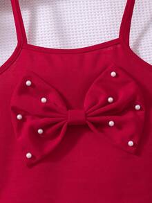Sparklyn Girls' Bowknot Pearl Camisole Top And Pearl Skort 2-Piece Set, Red, Comfortable, Elegant, Suitable For Party, Outdoor, School, Vintage, Chic Mermaid Skirt And Top Set Red Mini Skirt Cute Outfits For Girls 8 Years Old Girl Outfit Teen Girl Clothes 2 Piece Sets - Red - View 6