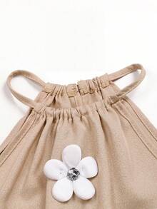SHEIN Kids Tween Girl Elegant Floral Print Halter Neck Snug Fit Vacation Dress - Apricot - View 4