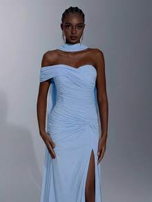 Elitara Elegant Luxurious Stretchy Knit Ruched Sleeve Twist Design Halter Slit Fishtail Dress, Suitable For Weddings, Events, Singles Parties, Vacations, Galas, Formal Occasions - Baby Blue - View 5