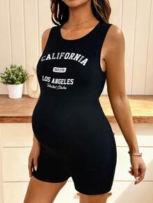 Modmama Áo liền quần bầu cổ tròn in chữ, kiểu dáng thường ngày. - màu đen - Xem 3