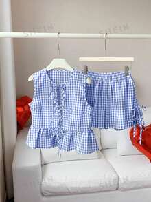 Comfortcana Conjunto de 2 piezas de camiseta de tirantes y pantalones cortos a cuadros azules para mujer, para el Día de San Valentín - Azul - Ver 3