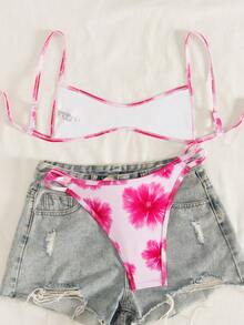 Swim Mod 2pcs/Set Summer Beach Random Print Women Spaghetti Strap Backless Crop Top And Sexy Bikini Swimwear Set, Pink Floral Print Bikini Set, 2 Piece Bathing Suit For Women,Women's Vacation Beach Swimsuit - Multicolor - View 2