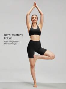 GLOWMODE 2 Pieces FeatherFit™ Sports Bra & 8'' Shorts Set Strappy Back Bra Tank Top With High Waist Side Pockets Biker Shorts Low Impact Yoga Pilates Daily Running Gym Workout Summer - Black - View 7