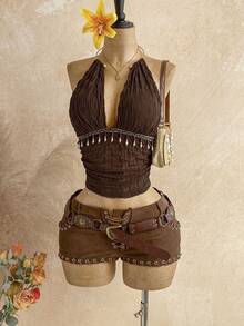 Soleia Women's Vintage Boho Textured Halter Neck Backless Tank Top,All Shades Of Brown Summer Holiday Music Festival Night Out Club Outfit With Zip Lining - Brown - View 6