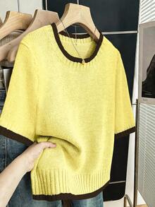 Franclia Women's Yellow Summer Smart Casual Everyday Soft Round Neck Short Sleeve Contrast Trim Loose Straight Knit Pullover Top,Plus Size Knitted Sweater - Light Yellow - View 1