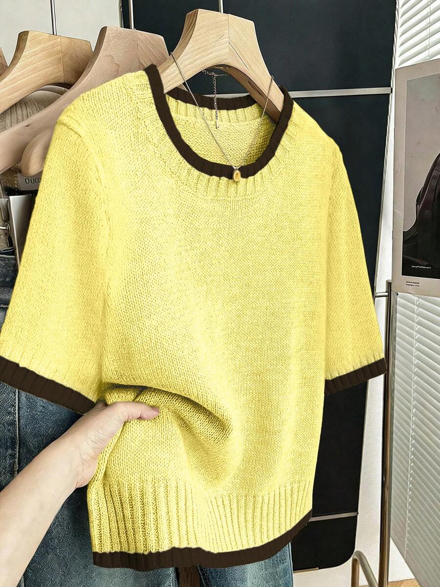 Franclia Women's Yellow Summer Smart Casual Everyday Soft Round Neck Short Sleeve Contrast Trim Loose Straight Knit Pullover Top,Plus Size Knitted Sweater - Light Yellow - View 1