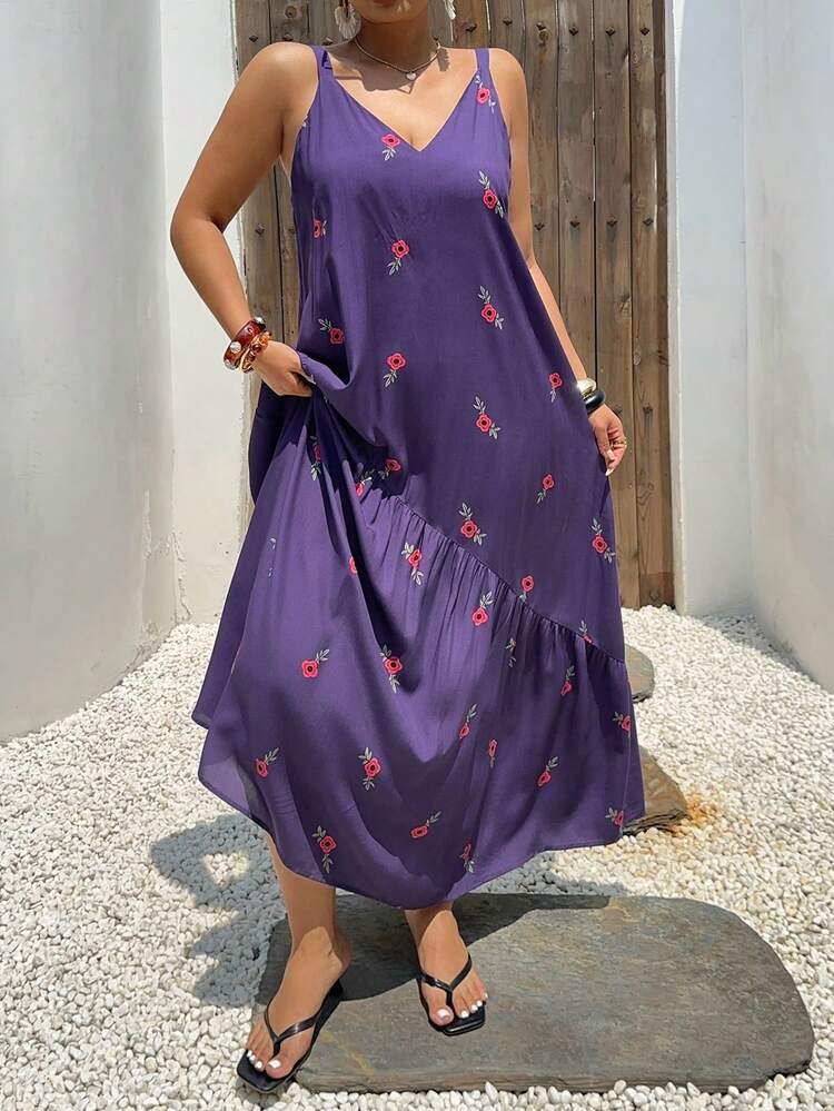 Dazy Plus Floral Print Loose Strap Maxi Dress, Elegant Plus Size Women's Spring/Summer Sleepwear, Purple