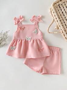 SHEIN 2件套女婴幼儿/新生儿0-3岁休闲日常可爱度假条纹蝴蝶结装饰吊带背心+短裤套装，春夏款 - 粉色 - 查看 3