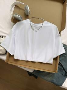 SHEIN EZwear 大碼素色落肩T恤 - 白色 - 查看 5