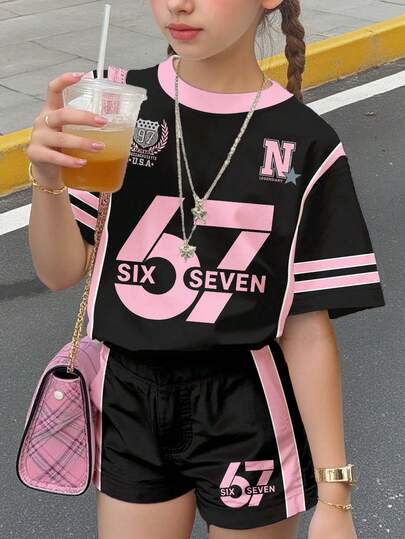 Conjunto informal de 2 piezas de camiseta de manga corta con cuello redondo y estampado del número 67 + pantalones cortos para adolescentes, estilo minimalista, adecuado para primavera/verano