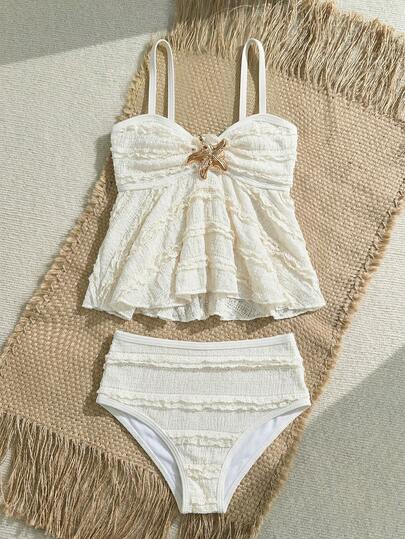 SHEIN Bộ đồ bơi tankini hai dây họa tiết sao biển kim loại dành cho bé gái